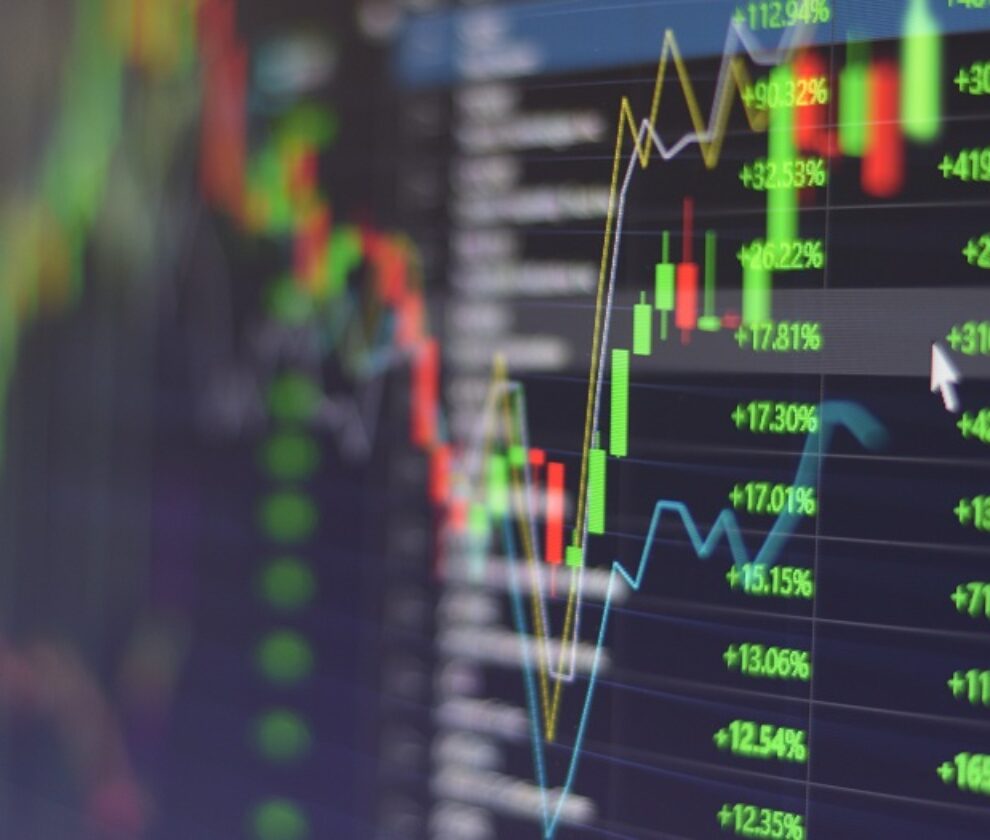 Stock market graph chart with indicator investment trading stock exchange trading market monitor screen close up