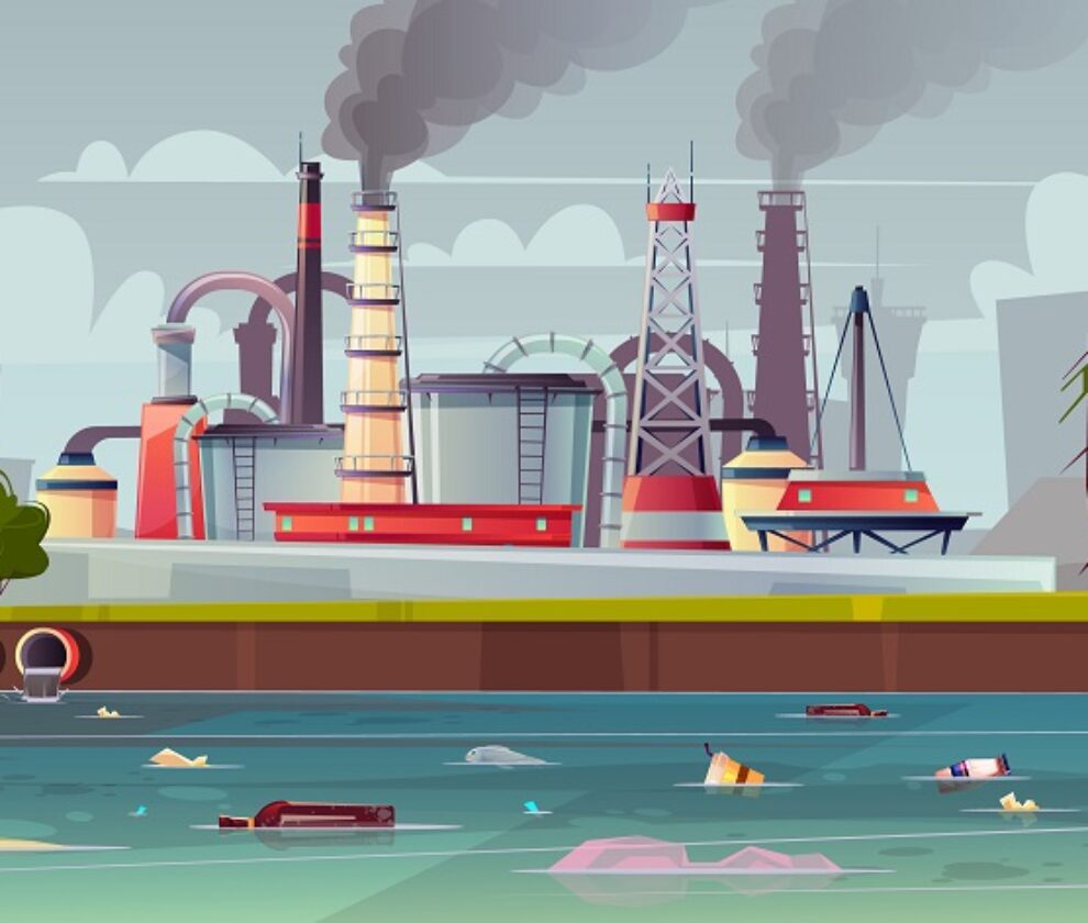 Vector ecology concept. Water pollution. Factory plant.