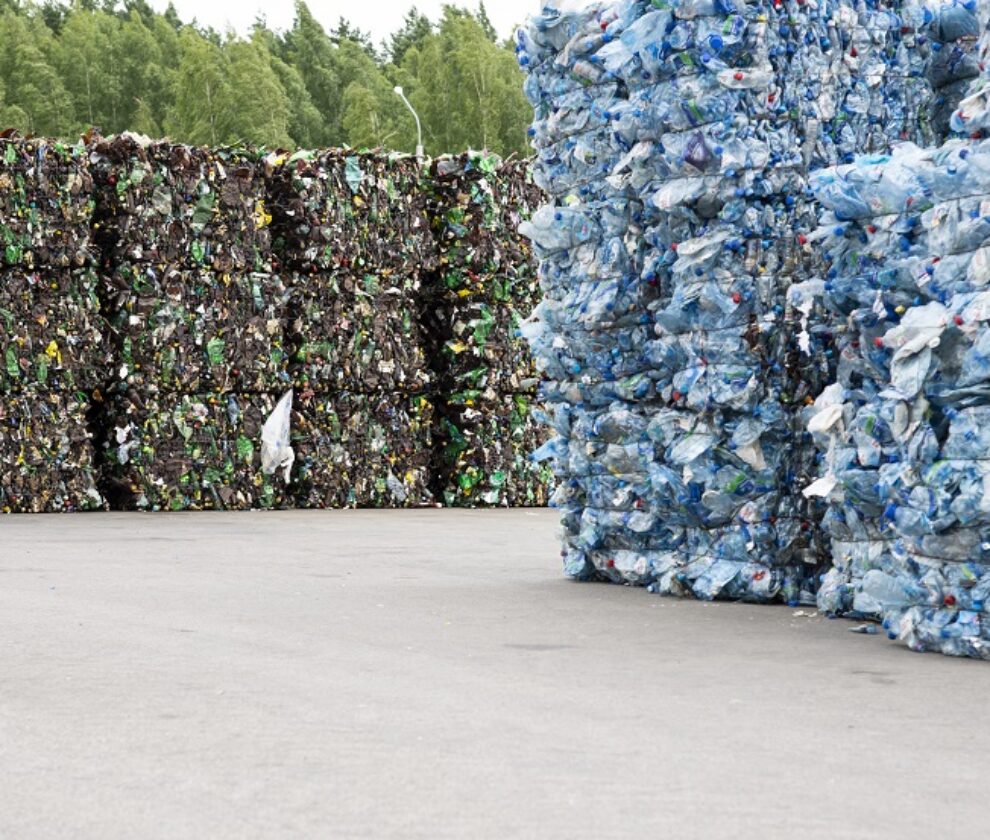 Minsk, Belarus -June 6, 2019 A pile of extruded plastic bottles at a garbage collection plant. Sorting and recycling plastic